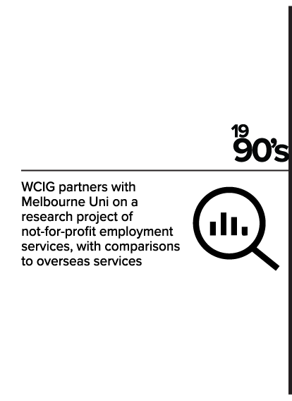 1990's: WCIG partners with Melbourne Uni on a research project of not-for-profit employment services, with comparisons to overseas services.